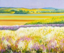 ‡ RALPH SPILLER oil on canvas - untitled, lavender fields with village in distance, signed with