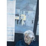 ‡ BETH MARSDEN oil on canvas - figure at bus-stop with Carmarthenshire timetable, entitled verso, '