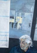 ‡ BETH MARSDEN oil on canvas - figure at bus-stop with Carmarthenshire timetable, entitled verso, '