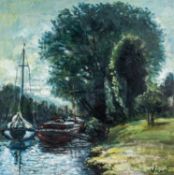 ‡ ANDREW VICARI oil on board - entitled verso 'Bateaux Amarres, Moorings', signed, dated verso 1967,