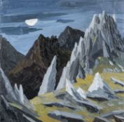 ‡ DAVID BARNES early oil on canvas - mountains at night, possibly Crib Goch, Eryri (Snowdonia),