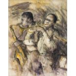 ‡ VALERIE GANZ mixed media - untitled, two musicians playing jazz, signed fully, 46 x 36cms