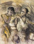 ‡ VALERIE GANZ mixed media - untitled, two musicians playing jazz, signed fully, 46 x 36cms