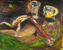 ‡ IWAN BALA oil on board - figures under moonlight, entitled verso 'Cariadon' (lovers), inscribed