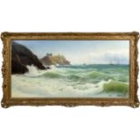 DAVID JAMES (1854-1904) AKA Joseph Donahue oil on canvas - coastline near Tenby with St Catherine'