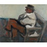 ‡ WILL ROBERTS oil on canvas - seated male on a wooden bench with legs crossed, entitled verso '