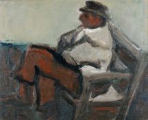 ‡ WILL ROBERTS oil on canvas - seated male on a wooden bench with legs crossed, entitled verso '