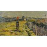 ‡ HYWEL HARRIES oil on canvas board - Ceredigion landscape with fire-safety sign and distant