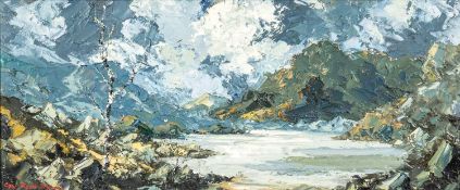 ‡ CHARLES WYATT WARREN oil on board - Eryri (Snowdonia) landscape with silver birch tree, signed, 22