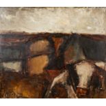‡ WILL ROBERTS oil on board - entitled verso in artist's hand 'Farm, Farmer & Cow' and dated 1978,