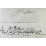 ‡ SIR KYFFIN WILLIAMS RA pencil on paper sketch - roofs of houses with sea beyond under sun, 19 x