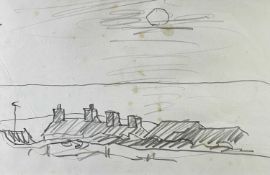 ‡ SIR KYFFIN WILLIAMS RA pencil on paper sketch - roofs of houses with sea beyond under sun, 19 x