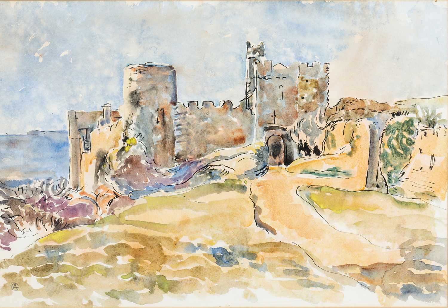 ‡ ARTHUR GIARDELLI watercolour - entitled verso 'Manorbier Castle', monogrammed, 38 x 55cms