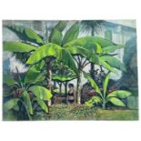 ‡ JOHN ELWYN oil on canvas - figure in tropical gardens, studio stamp verso, circa 1976, 76 x 102cms
