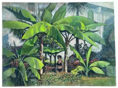 ‡ JOHN ELWYN oil on canvas - figure in tropical gardens, studio stamp verso, circa 1976, 76 x 102cms