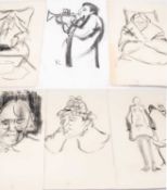 ‡ KAREL LEK MBE six charcoal drawings on paper - various figurative and portrait sketches, largest