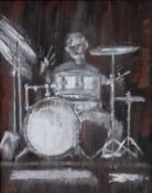 ‡ KAREL LEK MBE oil on board - jazz drummer, entitled verso 'Muskrat Ramble', dated 1991, signed, 49