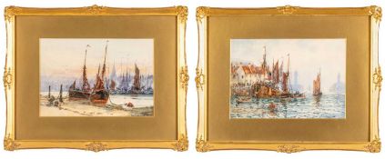 FRANK W SCARBROUGH watercolours, a pair - titled verso 'Landing Fish Whitby' and 'Sunset,