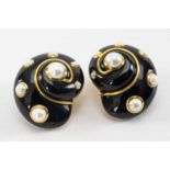 PAIR VERDURA 9CT GOLD, ONYX & CULTURED PEARL EARCLIPS, in the form of a snail shell, stamped '750'
