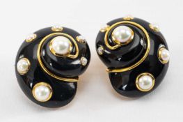 PAIR VERDURA 9CT GOLD, ONYX & CULTURED PEARL EARCLIPS, in the form of a snail shell, stamped '750'