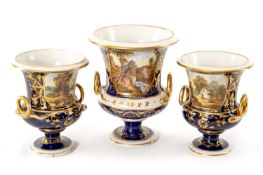 CROWN DERBY PORCELAIN GARNITURE, c. 1820, of campana form, each vase painted with rural views in