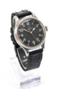 OMEGA BRITISH AIR MINISTRY STAINLESS STEEL WRISTWATCH, black dial, Arabic numerals, centre