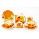 CLARICE CLIFF 'BIZARRE' PART TEA SET, 'Nasturtium' pattern, Stamford shape, comprising teapot, two