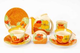 CLARICE CLIFF 'BIZARRE' PART TEA SET, 'Nasturtium' pattern, Stamford shape, comprising teapot, two