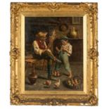 ADOLFO DUMINI oil on canvas - 'The Young Fruit Merchant', elderly gentleman and young boy in cottage