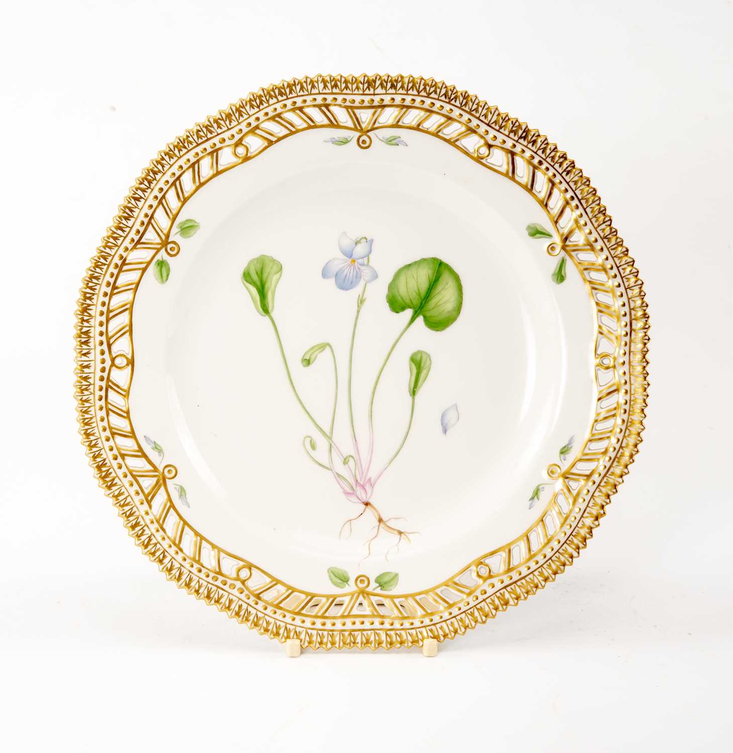 ROYAL COPENHAGEN 'FLORA DANICA' PIERCED PORCELAIN PLATE, painted with a titled specimen of 'Viola