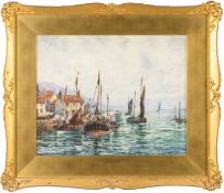 FRANK W SCARBROUGH watercolour - titled 'Return of the Boats Largo, Fifeshire', signed lower