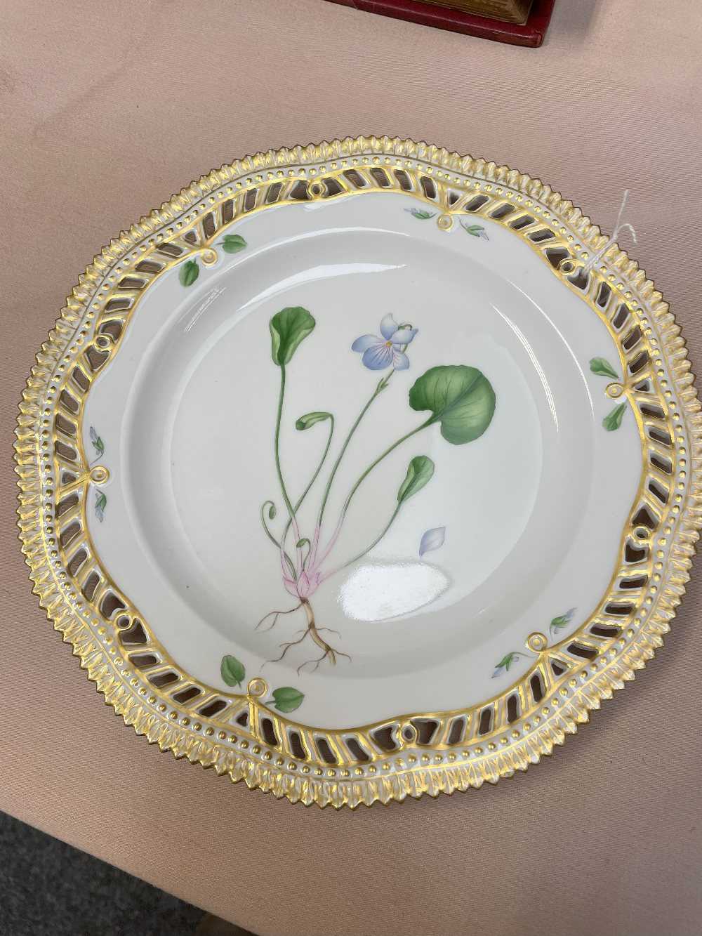 ROYAL COPENHAGEN 'FLORA DANICA' PIERCED PORCELAIN PLATE, painted with a titled specimen of 'Viola - Image 3 of 13