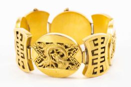 YELLOW GOLD CHUNKY PANEL BRACELET, of Chinese design decorated with panels of foliage and dragon,