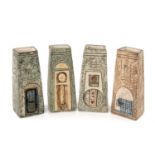 FOUR TROIKA TAPERING SQUARE 'COFFIN' VASES, painted and incised geometric decoration, all signed and