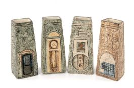FOUR TROIKA TAPERING SQUARE 'COFFIN' VASES, painted and incised geometric decoration, all signed and