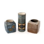 THREE TROIKA VASES, comprising two cube vases and a cylinder vase, all signed and with decorator's