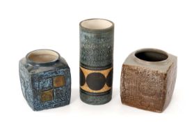 THREE TROIKA VASES, comprising two cube vases and a cylinder vase, all signed and with decorator's