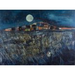 ‡ PETER OLIVER oil on board - untitled, evening landscape with moon and figure, inscribed verso in