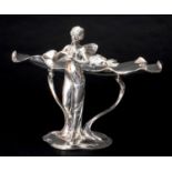 W.M.F. ELECTROPLATED FIGURAL CALLING CARD STAND, cast as a winged nymph stroking a dove, the broad