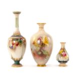 THREE WORCESTER PORCELAIN VASES, comprising Hadleyware bottle vase painted with autumn blackberries,