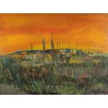 ‡ PETER OLIVER oil on board - landscape with sunset, 'Evening Cobo', signed and titled verso in