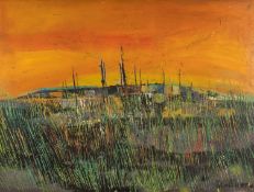 ‡ PETER OLIVER oil on board - landscape with sunset, 'Evening Cobo', signed and titled verso in