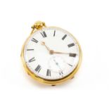 18CT GOLD OPEN FACE POCKET WATCH by George Young & Son Strand London, the white enamel face with
