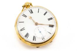 18CT GOLD OPEN FACE POCKET WATCH by George Young & Son Strand London, the white enamel face with