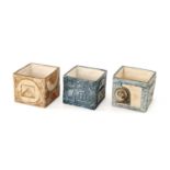 THREE TROIKA SQUARE VASES, painted and incised geometric decoration to each face, all signed and