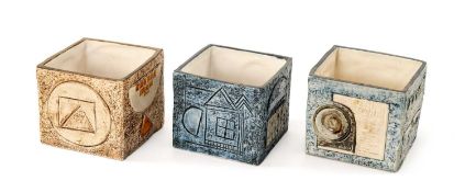 THREE TROIKA SQUARE VASES, painted and incised geometric decoration to each face, all signed and