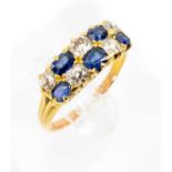 DOUBLE ROW TEN STONE DIAMOND & SAPPHIRE RING, yellow metal, old cut oval stones, ring size P 1/2,