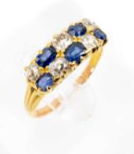 DOUBLE ROW TEN STONE DIAMOND & SAPPHIRE RING, yellow metal, old cut oval stones, ring size P 1/2,