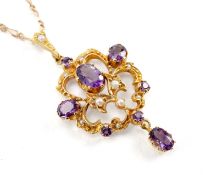 9CT GOLD AMETHYST & SEED PEARL OPENWORK PENDANT, Edwardian style, London 1995, maker's mark HBJ,