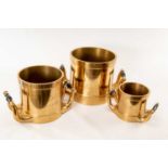 BRASS IMPERIAL 'COUNTY OF GLOUCESTER' STANDARD FLUID MEASURES, with turned wood handles,